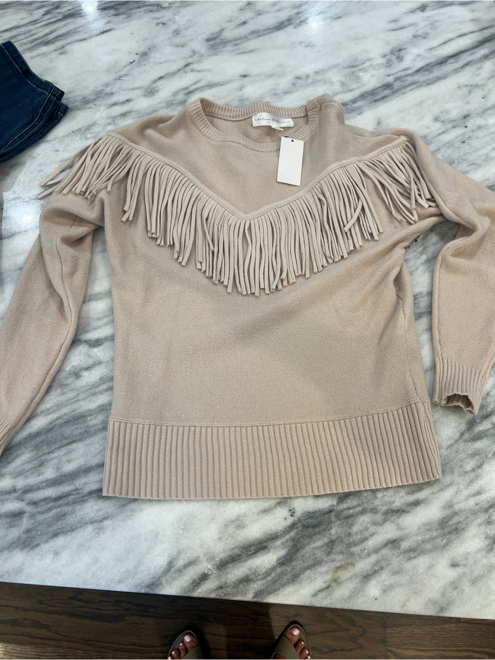 Chelsea & Theodore Fringe Crewneck Sweater - Beige